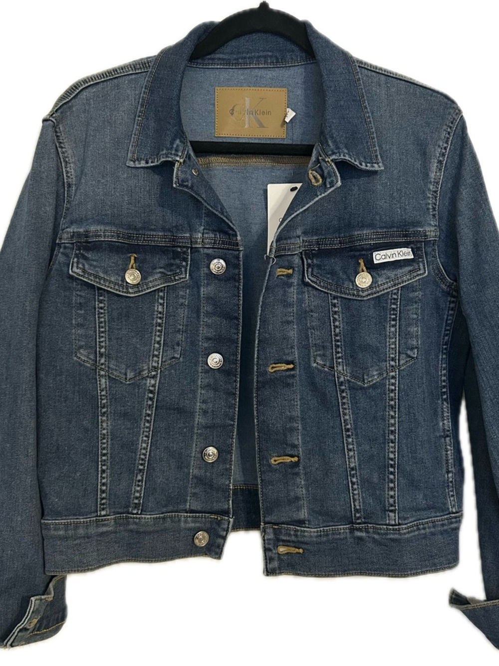 Calvin Klein Light Blue Denim Shirt with Tan Leather Patch